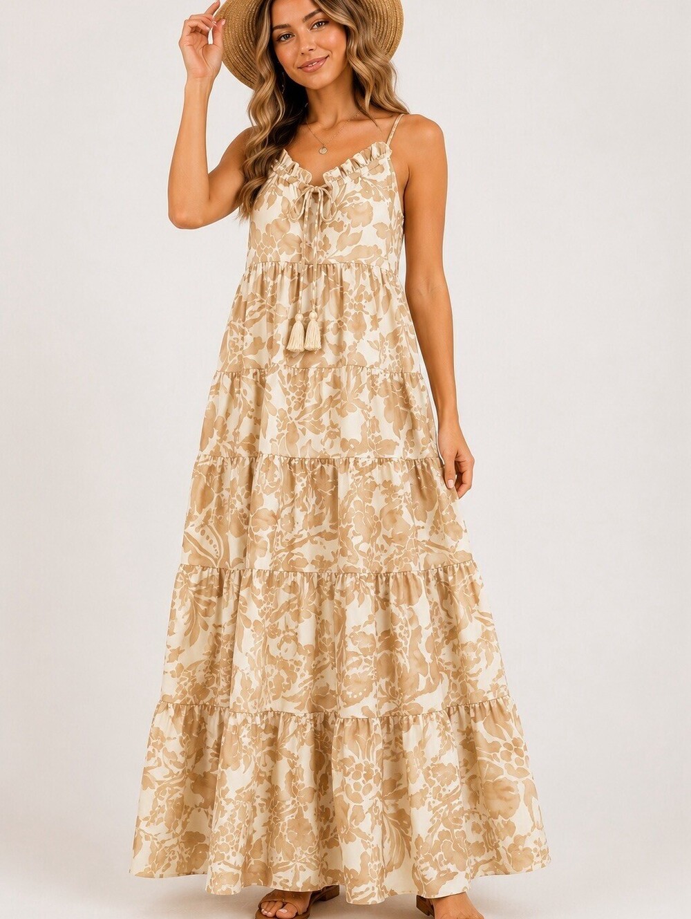 Umgee Small Floral Tiered Mini Dress Sleeveless Beige Cream Boho Ruffle Tassel